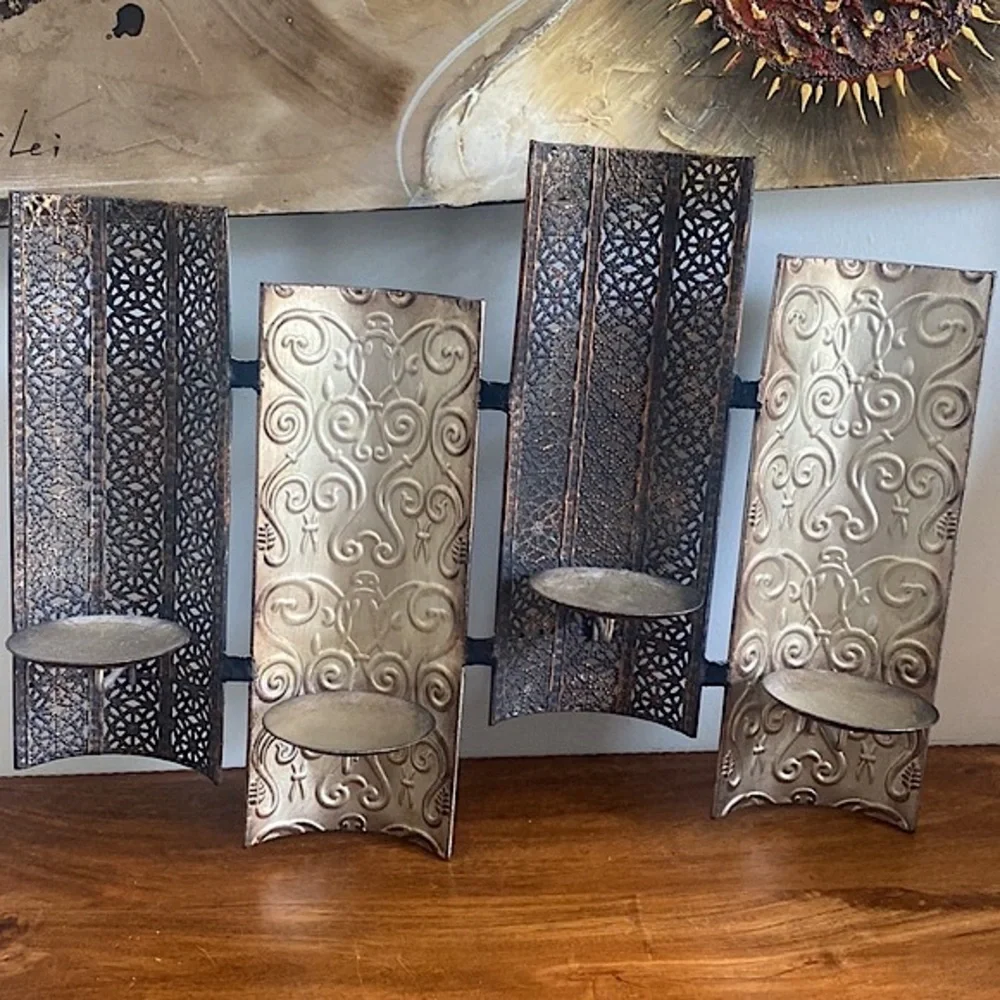 Vintage Pier 1 Metal Scroll Wall Sconce Candle Holder 4 Pillar Earth Tones